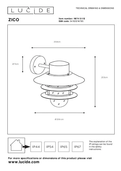 Lucide ZICO - Applique murale Intérieur/Extérieur - 1xE27 - IP44 - Chrome Dépoli - TECHNISCH